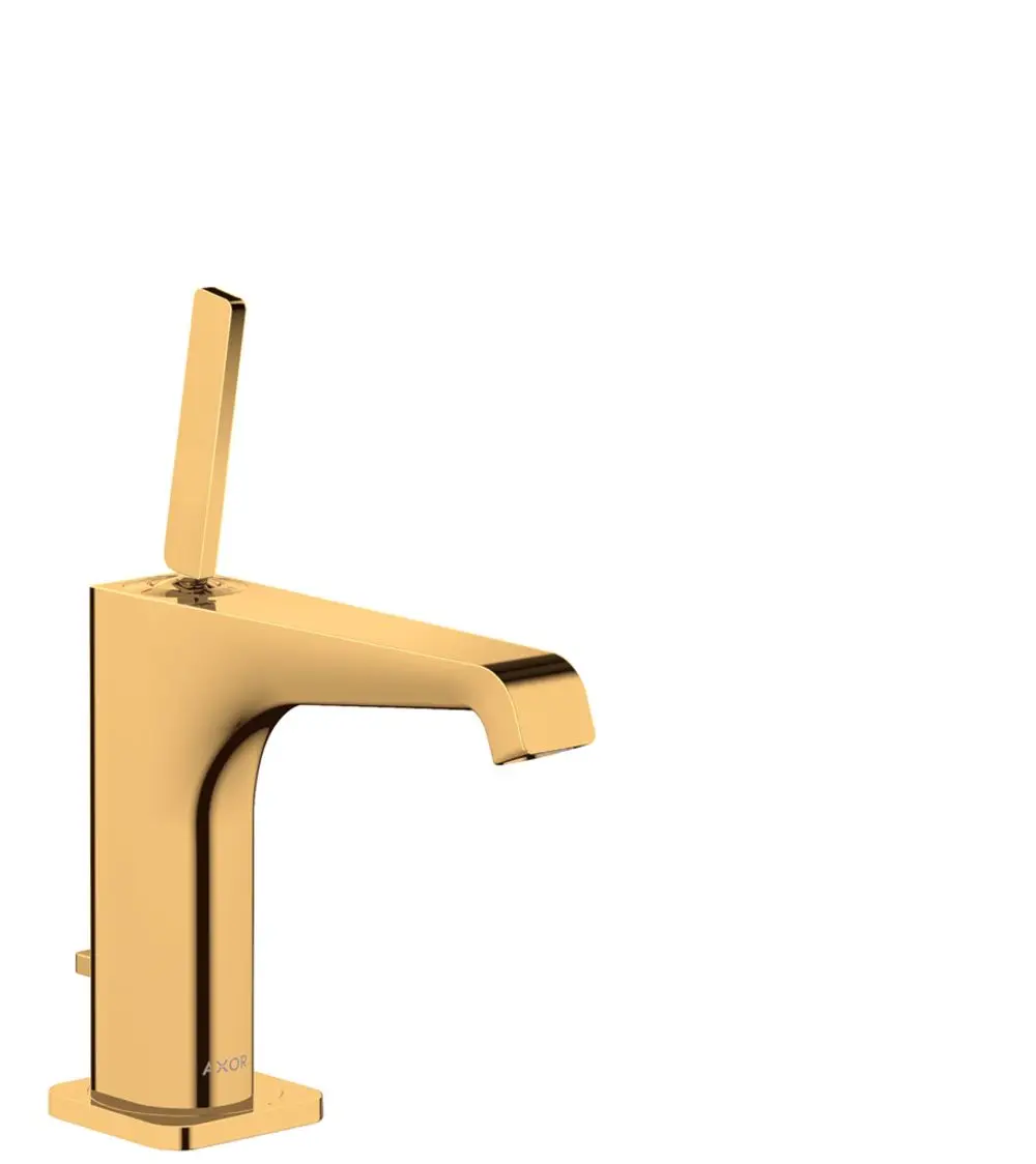 Einhebel-Waschtischmischer in Polished Gold Optic von AXOR mit flachem Hebelgriff und Wasserablaufgarnitur. Minimalistisches Design für moderne Badezimmer.